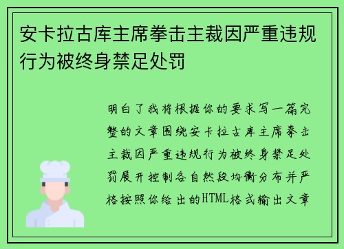 安卡拉古库主席拳击主裁因严重违规行为被终身禁足处罚