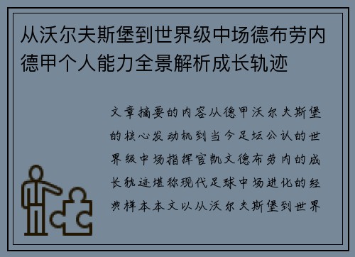 从沃尔夫斯堡到世界级中场德布劳内德甲个人能力全景解析成长轨迹