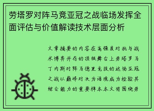 劳塔罗对阵马竞亚冠之战临场发挥全面评估与价值解读技术层面分析