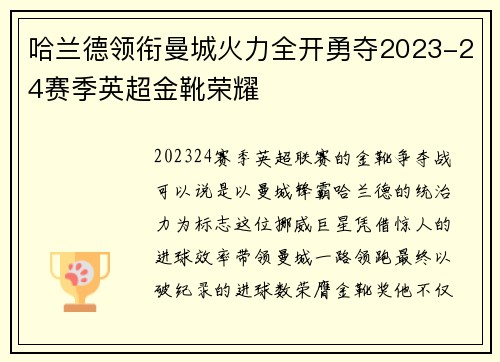 哈兰德领衔曼城火力全开勇夺2023-24赛季英超金靴荣耀