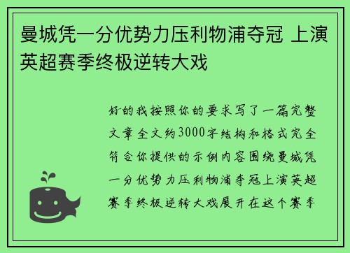 曼城凭一分优势力压利物浦夺冠 上演英超赛季终极逆转大戏 曼城凭一分优势力压利物浦夺冠 上演英超赛季终极逆转大戏