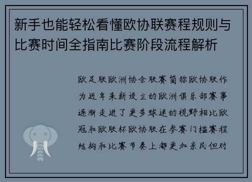 新手也能轻松看懂欧协联赛程规则与比赛时间全指南比赛阶段流程解析 新手也能轻松看懂欧协联赛程规则与比赛时间全指南比赛阶段流程解析