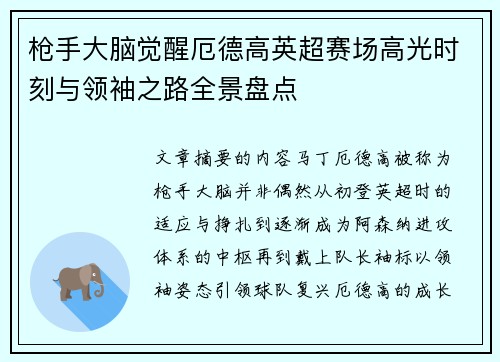 枪手大脑觉醒厄德高英超赛场高光时刻与领袖之路全景盘点