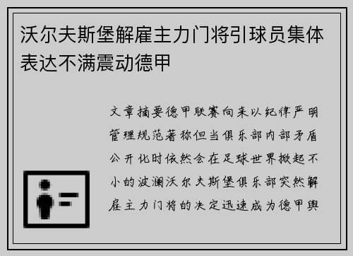 沃尔夫斯堡解雇主力门将引球员集体表达不满震动德甲 沃尔夫斯堡解雇主力门将引球员集体表达不满震动德甲